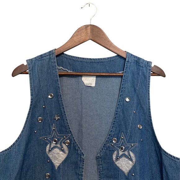 VTG Frans Dallas Cowboys Denim Open Vest Star Heart Embellishments XL Retro 80s - Picture 3 of 12